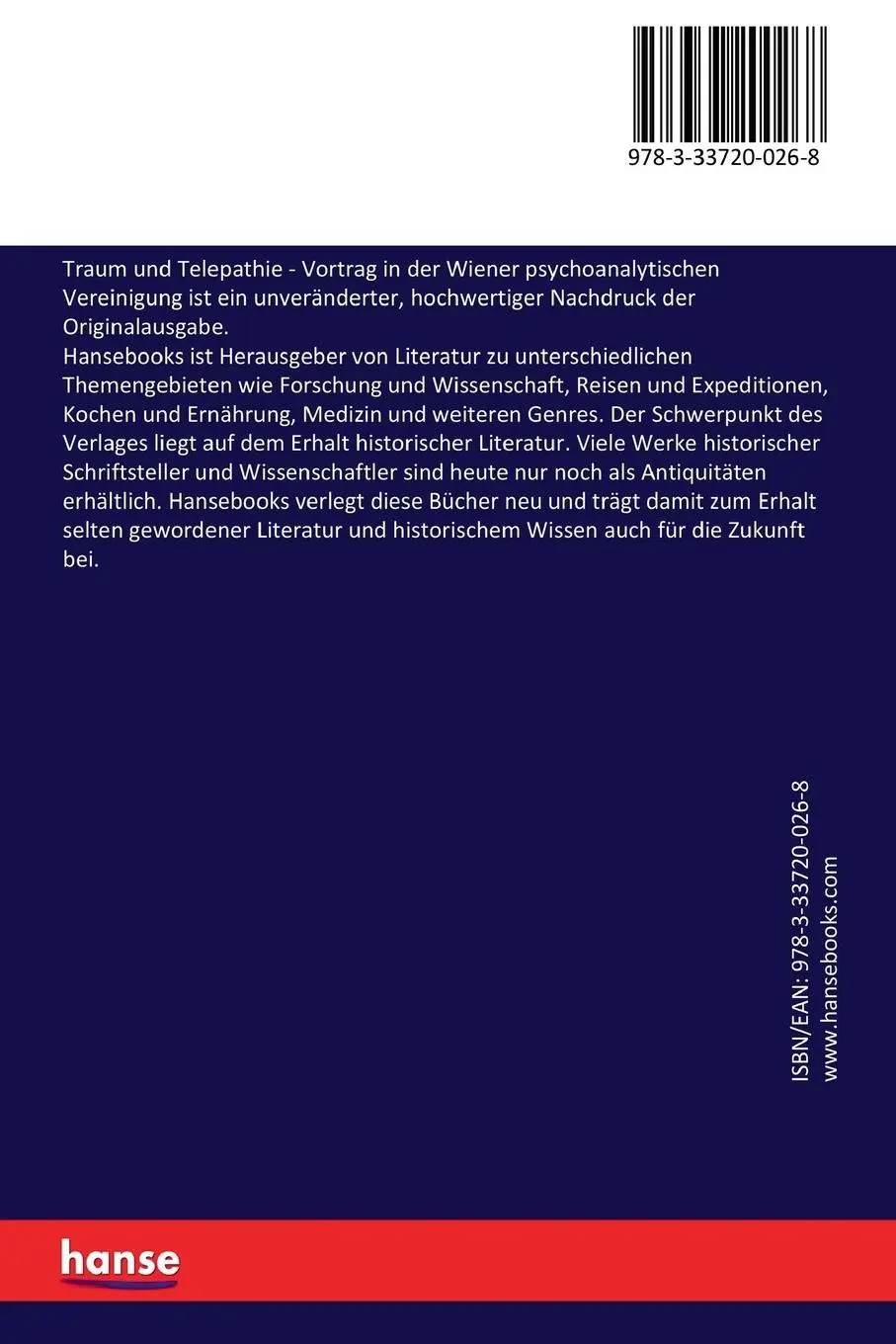 Rückseite: 9783337200268 | Traum und Telepathie | Sigmund Freud | Taschenbuch | Paperback | 36 S.