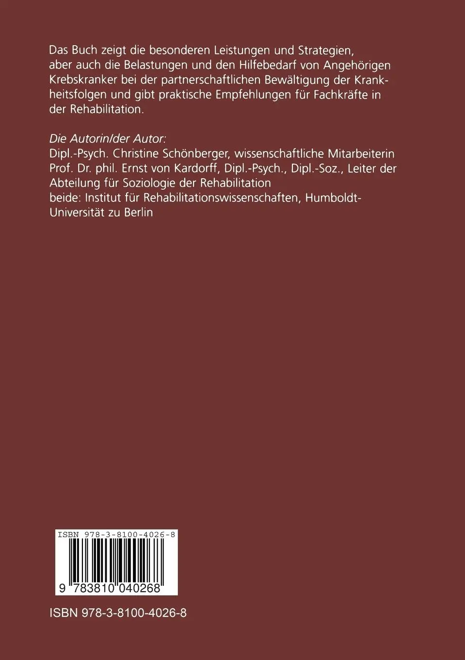 Rückseite: 9783810040268 | Mit dem kranken Partner leben | Ernst Kardorff (u. a.) | Taschenbuch