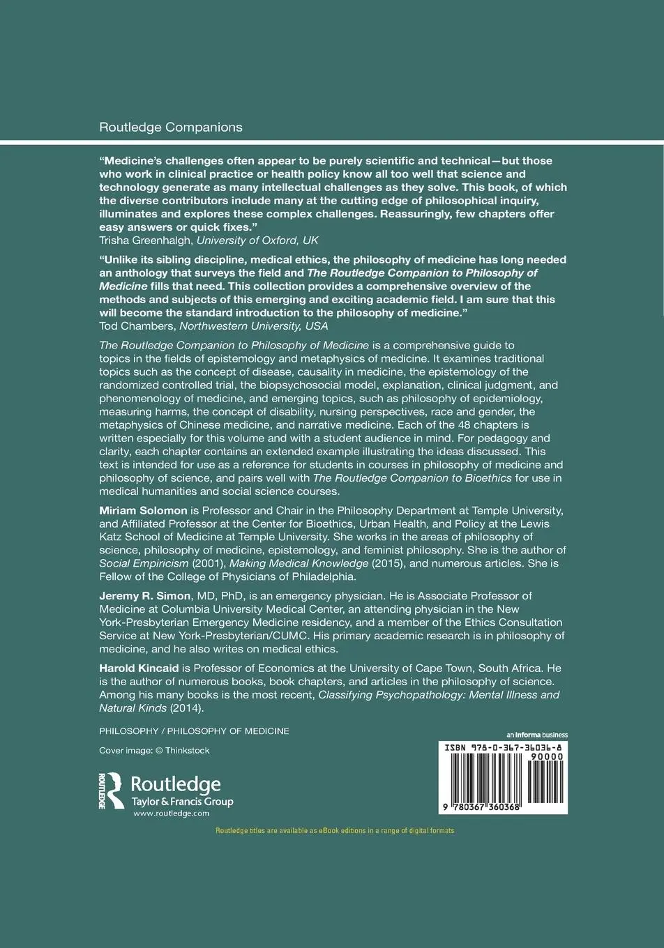 Rückseite: 9780367360368 | The Routledge Companion to Philosophy of Medicine | Solomon (u. a.)