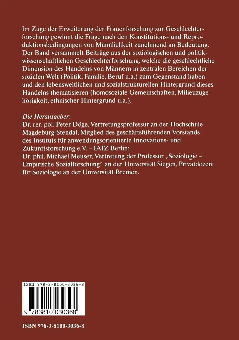 Rückseite: 9783810030368 | Männlichkeit und soziale Ordnung | Michael Meuser (u. a.) | Buch