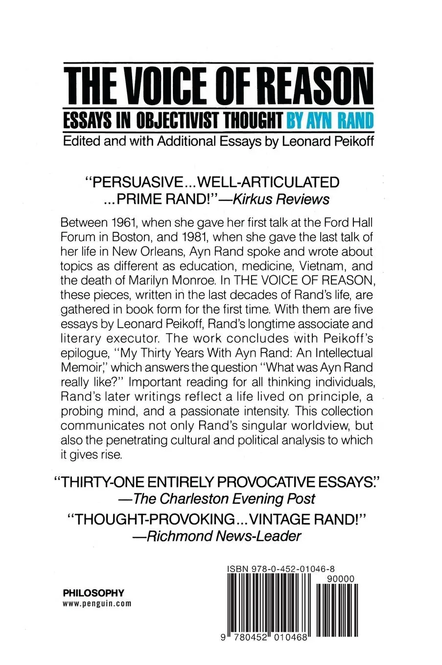 Rückseite: 9780452010468 | The Voice of Reason | Essays in Objectivist Thought | Ayn Rand | Buch