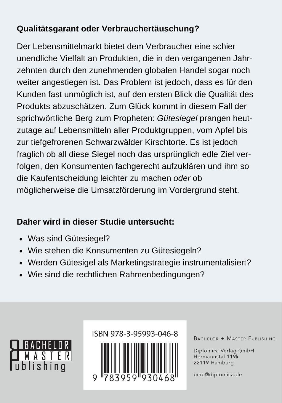 Rückseite: 9783959930468 | Gütesiegel auf Lebensmitteln. Qualitätsgarant oder...