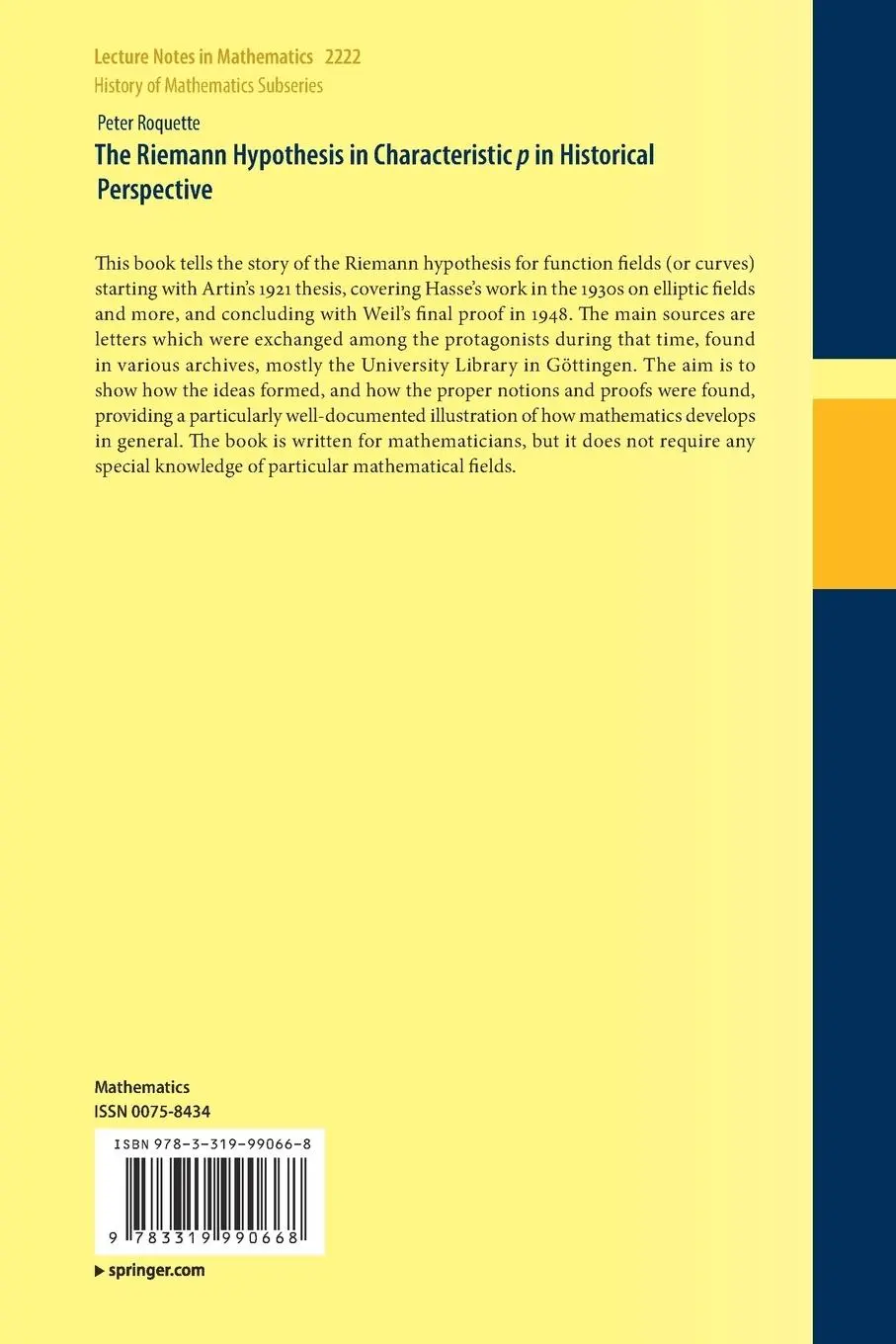 Rückseite: 9783319990668 | The Riemann Hypothesis in Characteristic p in Historical Perspective