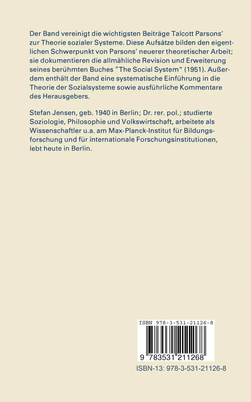 Rückseite: 9783531211268 | Zur Theorie sozialer Systeme | Talcott Parsons | Taschenbuch | 318 S.