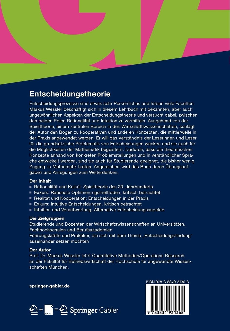Rückseite: 9783834931368 | Entscheidungstheorie | Markus Wessler | Taschenbuch | xi | Deutsch