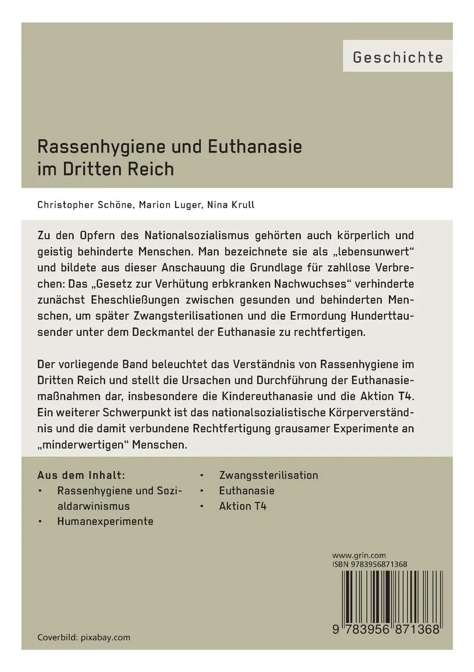 Rückseite: 9783956871368 | Rassenhygiene und Euthanasie im Dritten Reich | Schöne (u. a.) | Buch