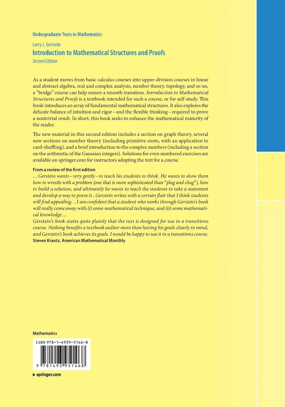 Rückseite: 9781493951468 | Introduction to Mathematical Structures and Proofs | Larry J. Gerstein