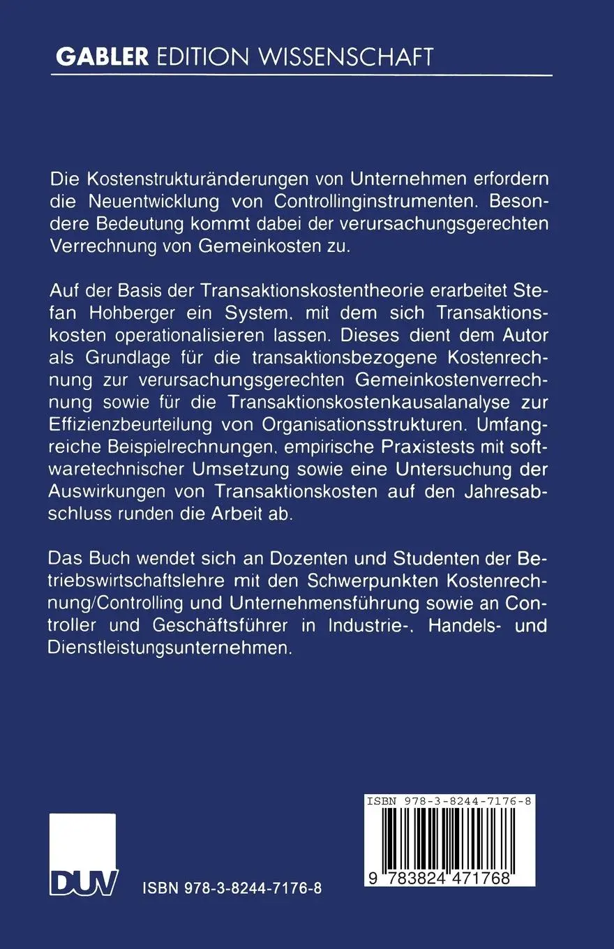 Rückseite: 9783824471768 | Operationalisierung der Transaktionskostentheorie im Controlling
