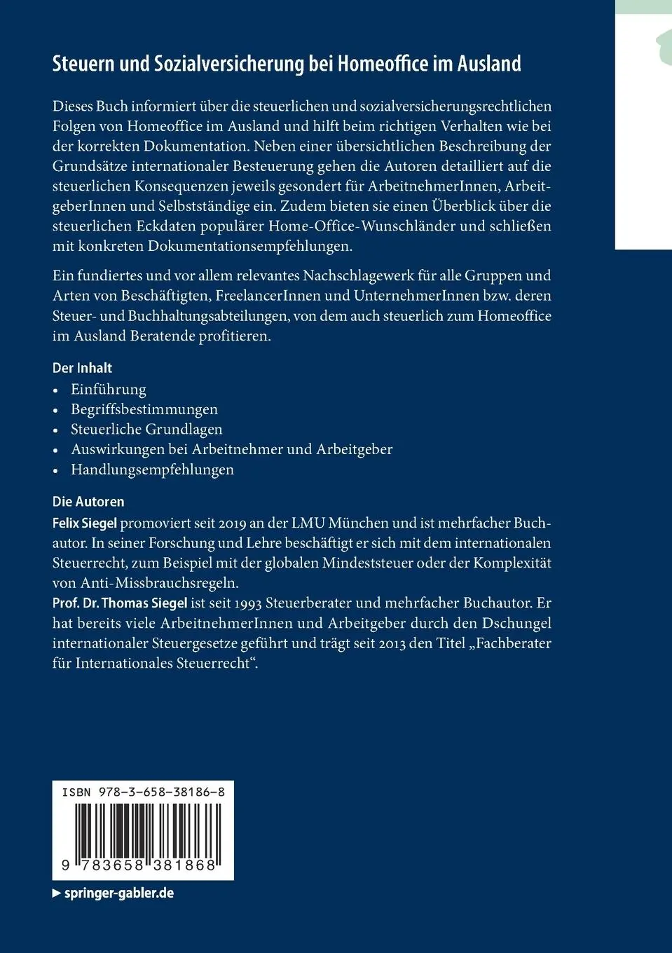 Rückseite: 9783658381868 | Steuern und Sozialversicherung bei Homeoffice im Ausland | Taschenbuch
