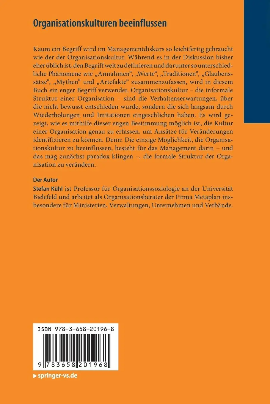Rückseite: 9783658201968 | Organisationskulturen beeinflussen | Eine sehr kurze Einführung | Kühl