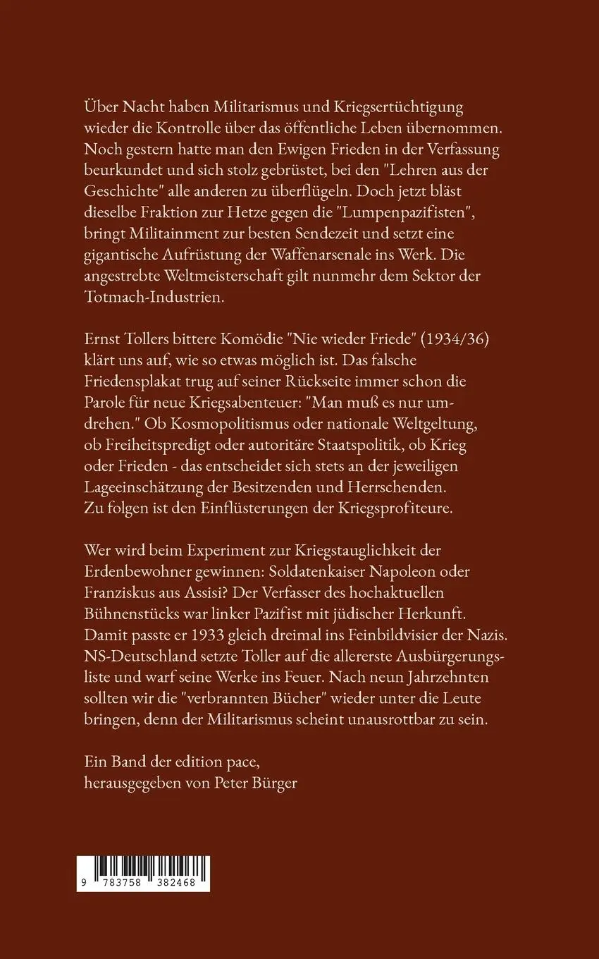 Rückseite: 9783758382468 | Nie wieder Friede | Ernst Toller | Taschenbuch | edition pace | 140 S.