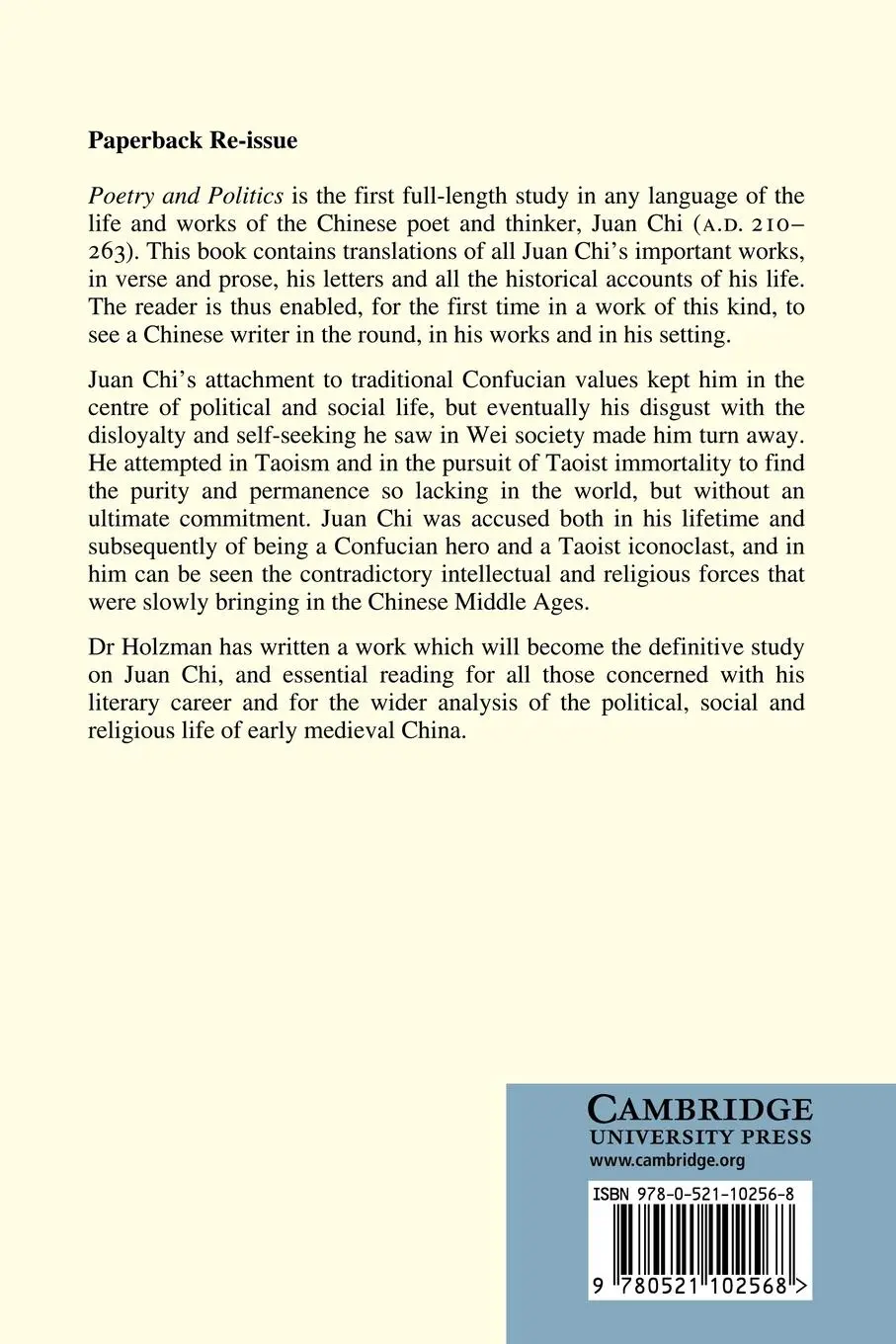 Rückseite: 9780521102568 | Poetry and Politics | The Life and Works of Juan Chi, A.D. 210 263