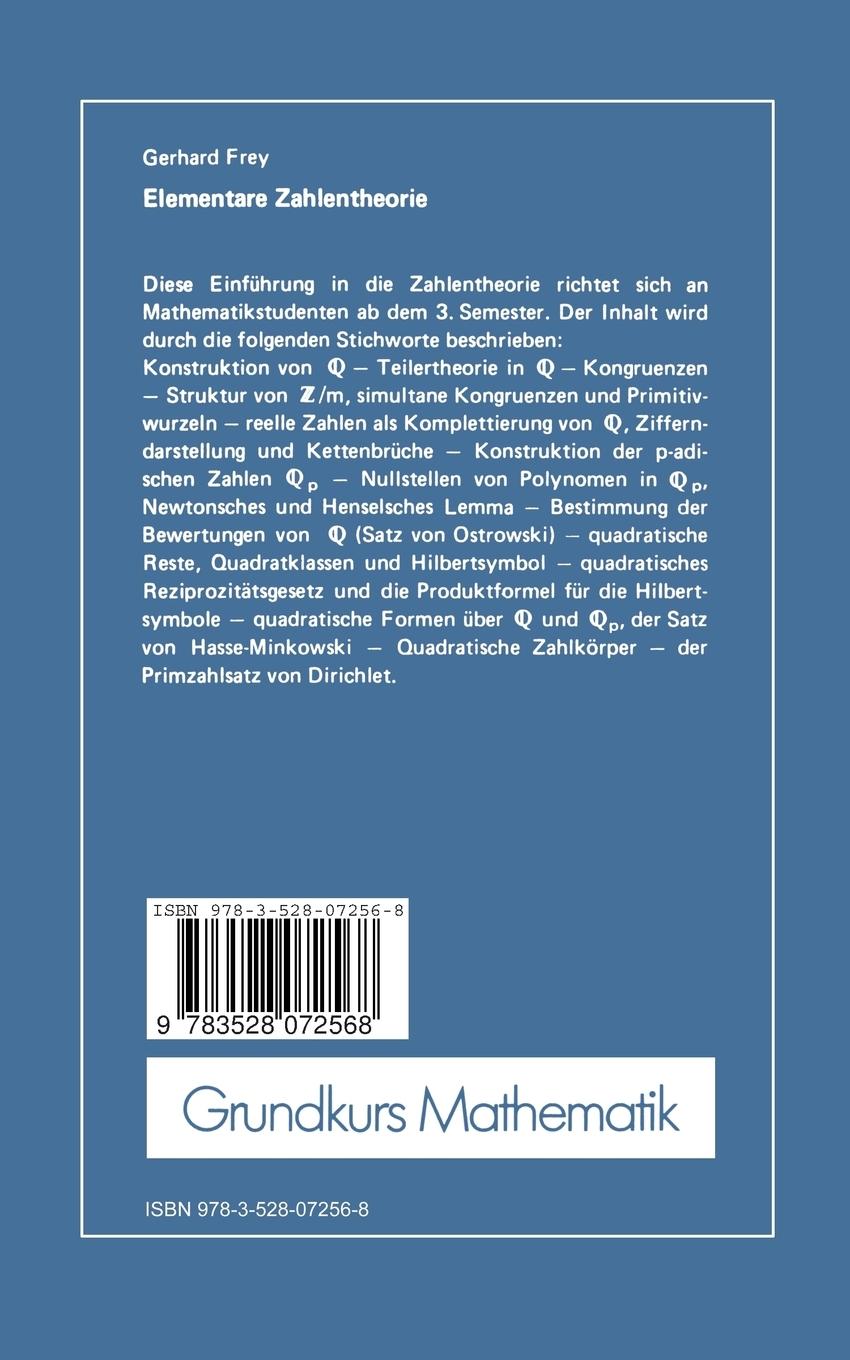 Rückseite: 9783528072568 | Elementare Zahlentheorie | Gerhard Frey | Taschenbuch | ix | Deutsch