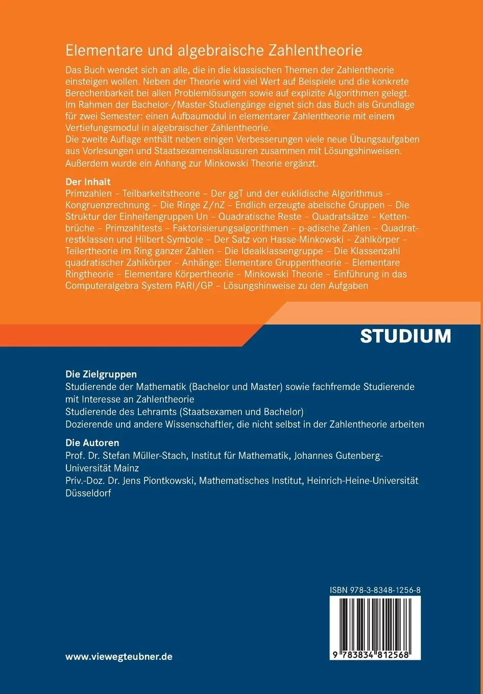 Rückseite: 9783834812568 | Elementare und algebraische Zahlentheorie | Jens Piontkowski (u. a.)