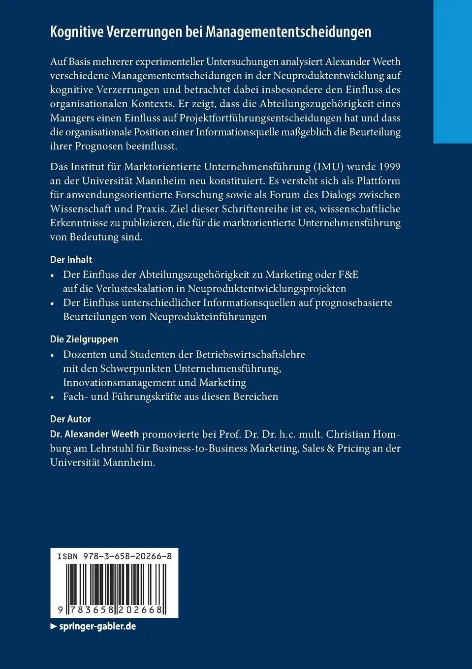 Rückseite: 9783658202668 | Kognitive Verzerrungen bei Managemententscheidungen | Alexander Weeth