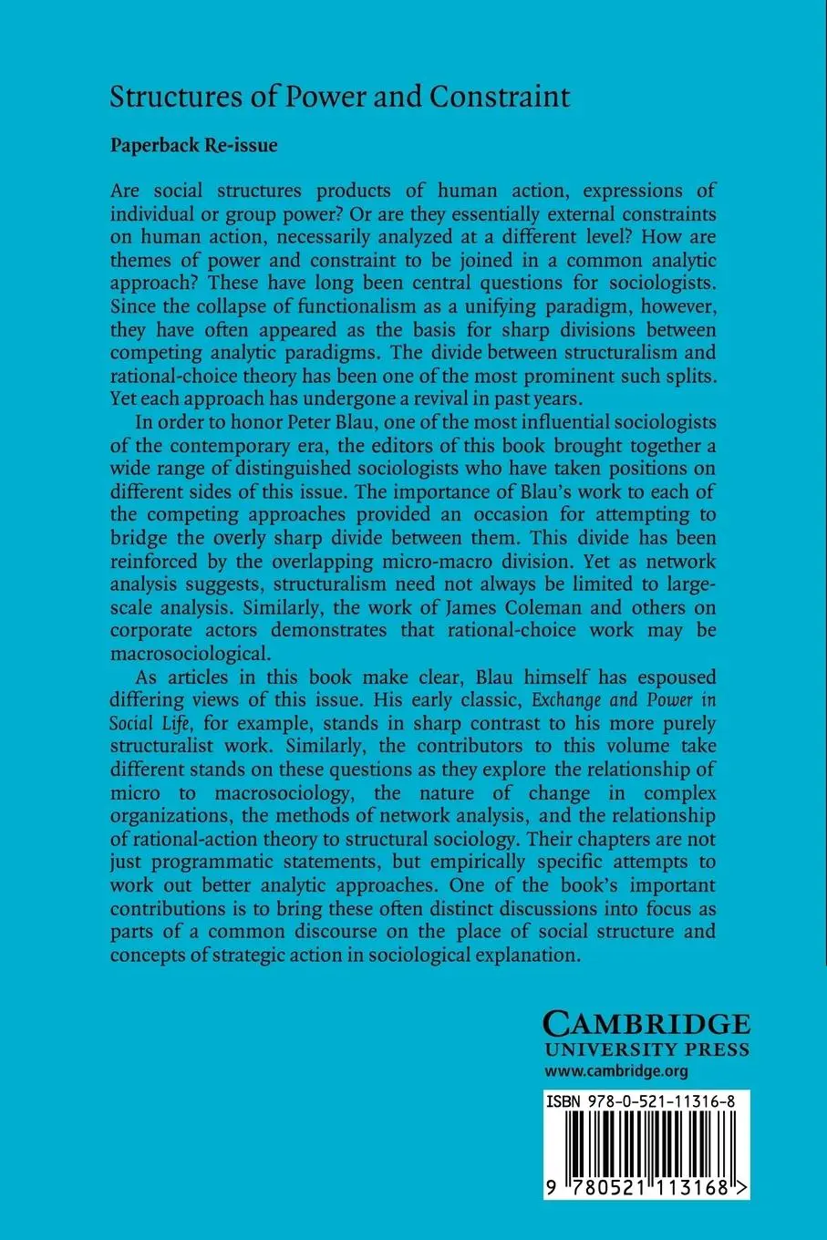 Rückseite: 9780521113168 | Structures of Power and Constraint | Papers in Honor of Peter M. Blau