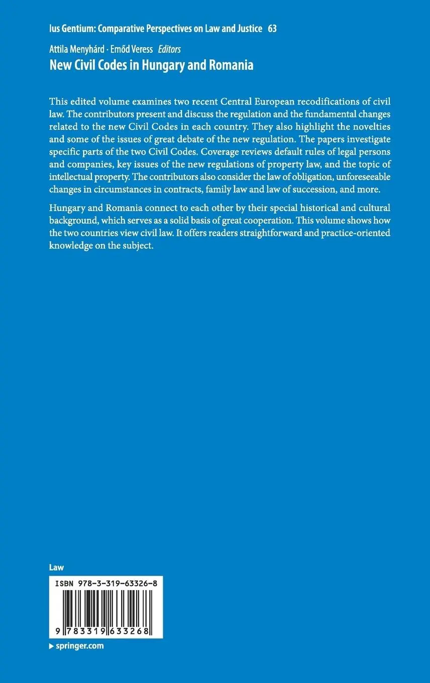 Rückseite: 9783319633268 | New Civil Codes in Hungary and Romania | Em¿d Veress (u. a.) | Buch