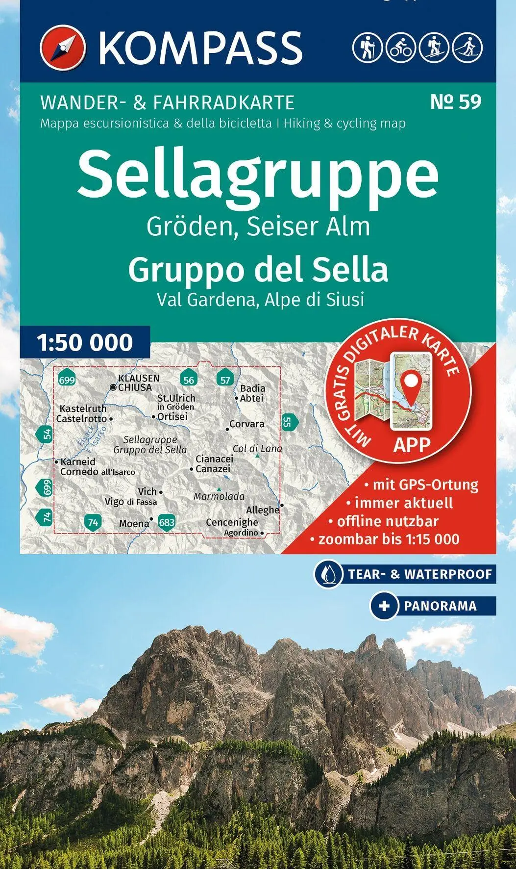 Cover: 9783991543268 | KOMPASS Wanderkarte 59 Sellagruppe, Gröden, Seiser Alm / Gruppo del...
