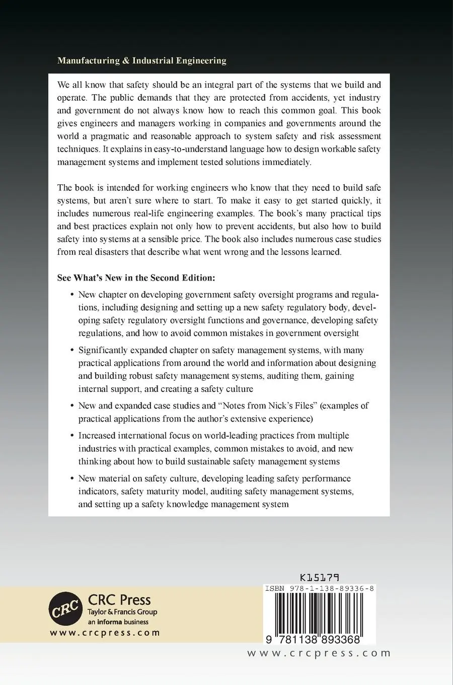 Rückseite: 9781138893368 | System Safety Engineering and Risk Assessment | Nicholas J. Bahr