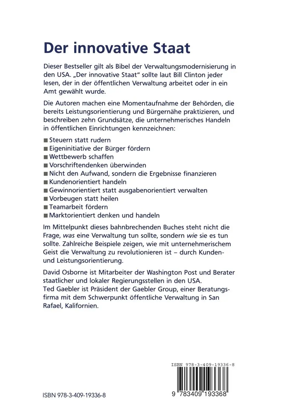 Rückseite: 9783409193368 | Der innovative Staat | Mit Unternehmergeist zur Verwaltung der Zukunft