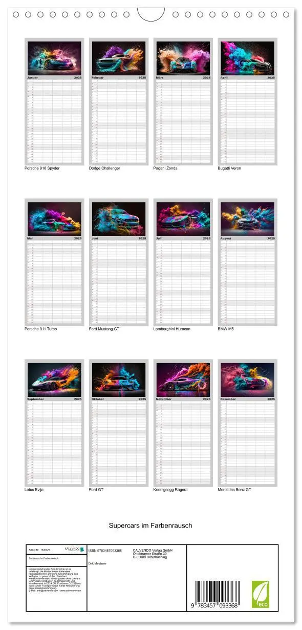 Bild: 9783457093368 | Familienplaner 2025 - Supercars im Farbenrausch mit 5 Spalten...