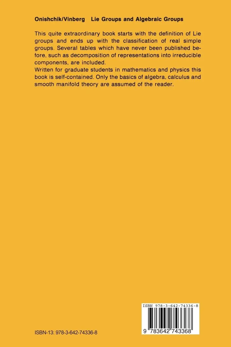 Rückseite: 9783642743368 | Lie Groups and Algebraic Groups | Arkadij L. Onishchik (u. a.) | Buch