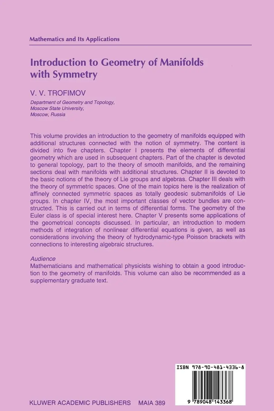 Rückseite: 9789048143368 | Introduction to Geometry of Manifolds with Symmetry | V. V. Trofimov