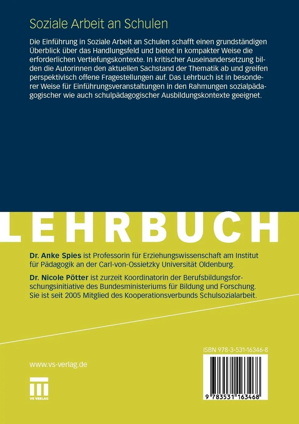 Rückseite: 9783531163468 | Soziale Arbeit an Schulen | Nicole Pötter (u. a.) | Taschenbuch | 2011