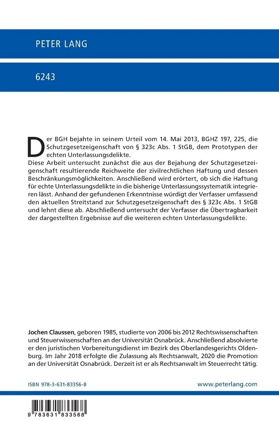 Rückseite: 9783631833568 | Die Haftung für echte Unterlassungsdelikte nach § 823 Abs. 2 BGB