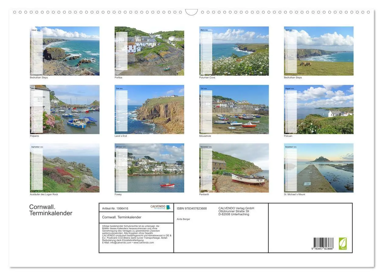 Bild: 9783457823668 | Cornwall. Terminkalender (Wandkalender 2026 DIN A2 quer), CALVENDO...