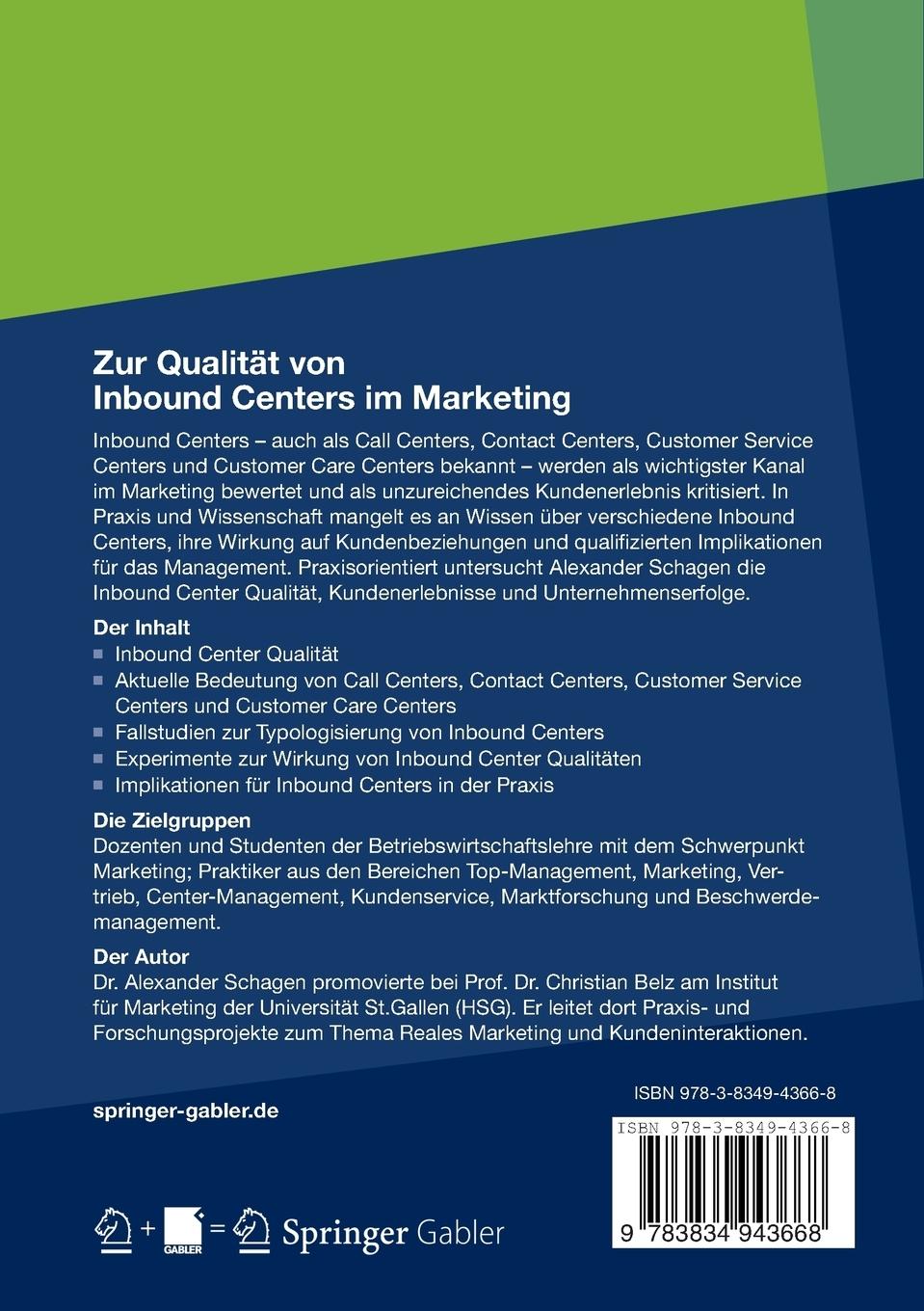 Rückseite: 9783834943668 | Zur Qualität von Inbound Centers im Marketing | Alexander Schagen