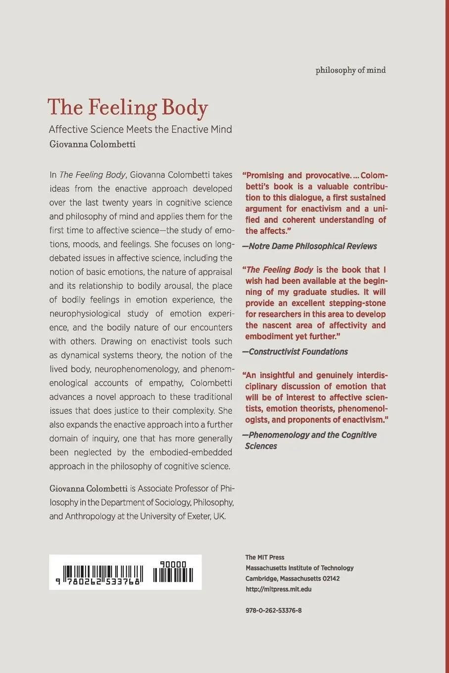 Rückseite: 9780262533768 | The Feeling Body | Affective Science Meets the Enactive Mind | Buch