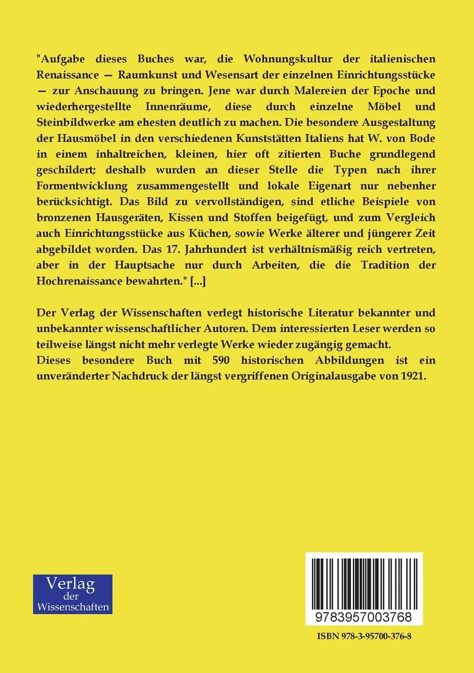 Rückseite: 9783957003768 | Wohnungskultur und Möbel der italienischen Renaissance | Schottmüller