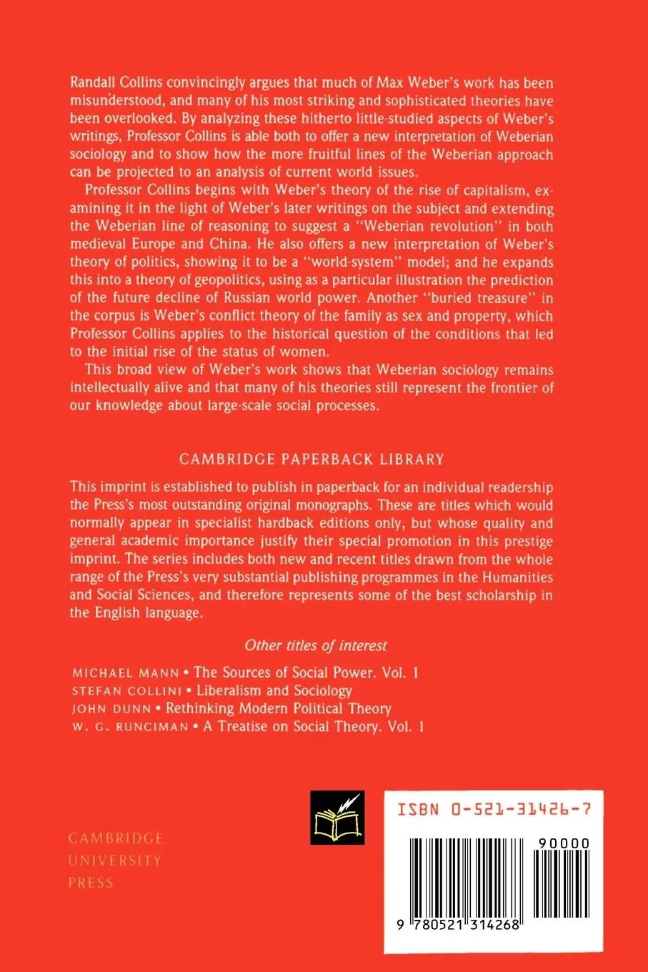 Rückseite: 9780521314268 | Weberian Sociological Theory | Randall Collins | Taschenbuch | 1986
