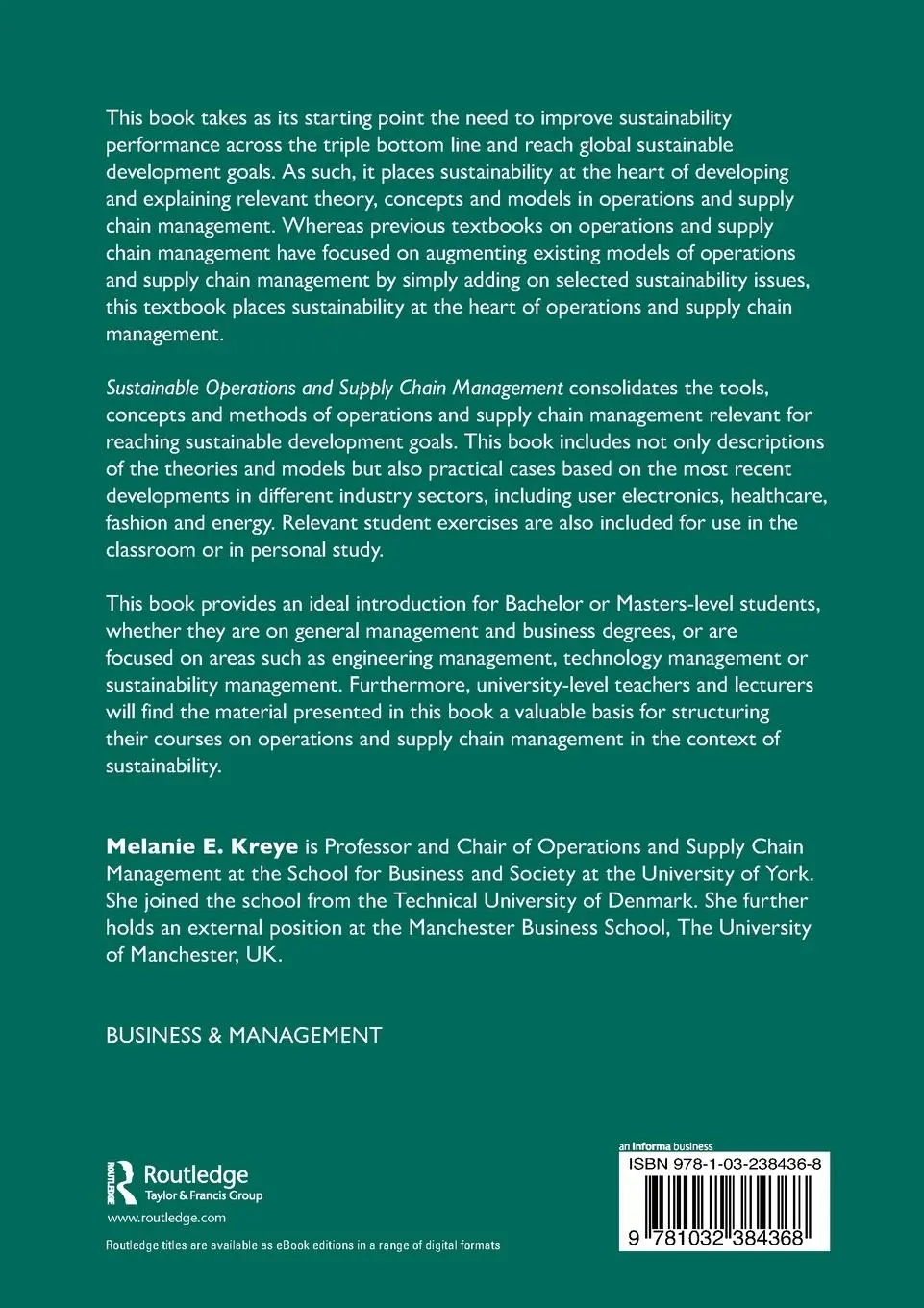 Rückseite: 9781032384368 | Sustainable Operations and Supply Chain Management | Melanie E. Kreye