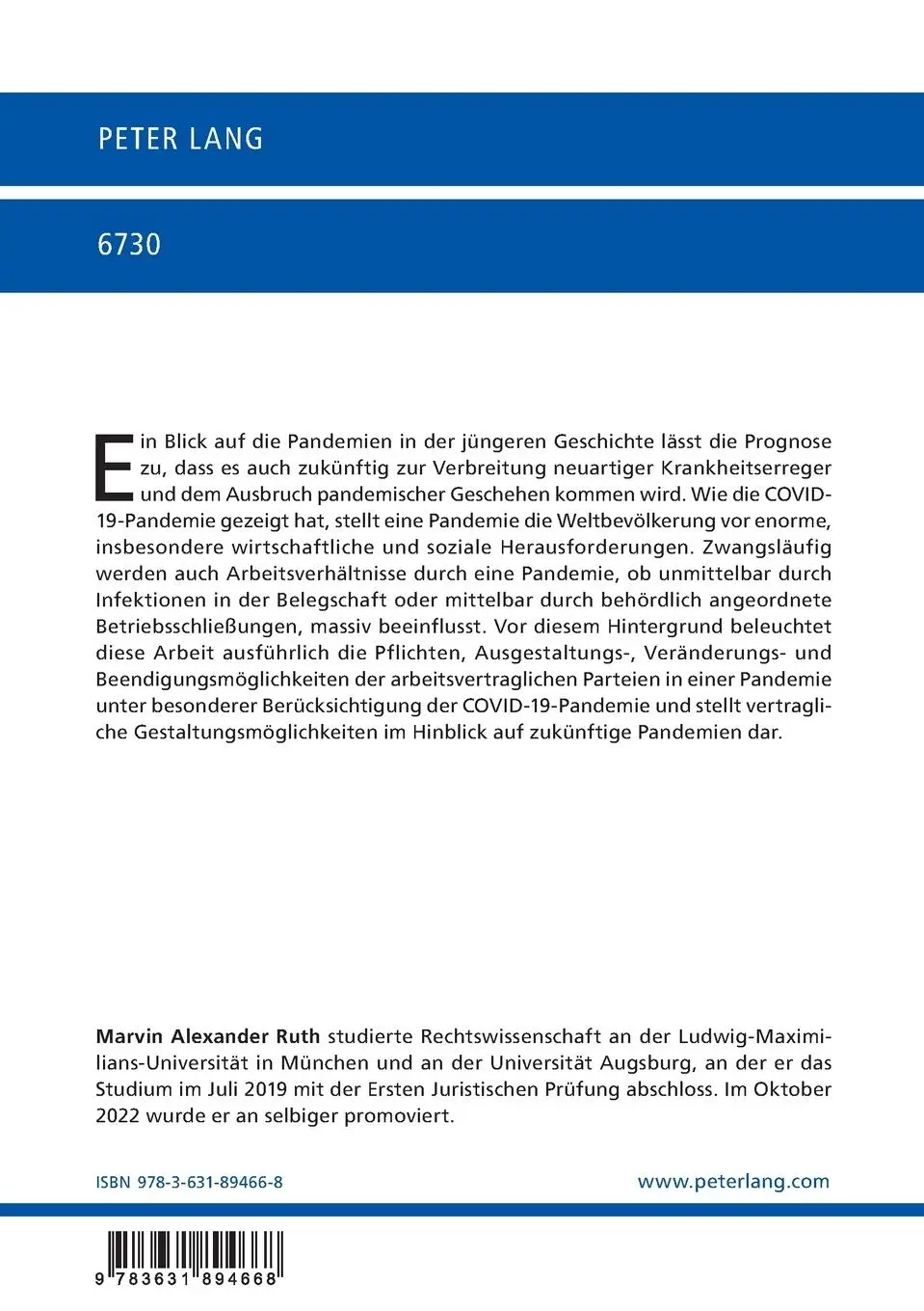 Rückseite: 9783631894668 | Arbeitsrecht in der Pandemie | Marvin Ruth | Taschenbuch | Deutsch