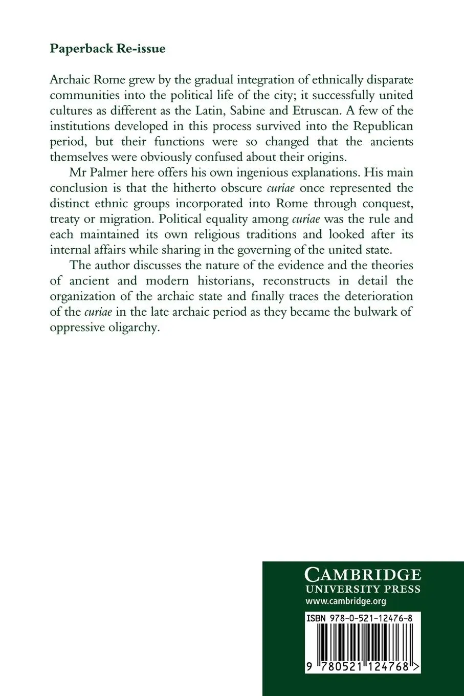 Rückseite: 9780521124768 | The Archaic Community of the Romans | Robert E. A. Palmer | Buch