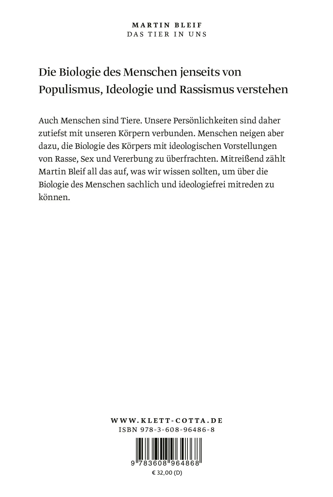 Rückseite: 9783608964868 | Das Tier in uns | Die biologischen Wurzeln der Menschlichkeit | Bleif