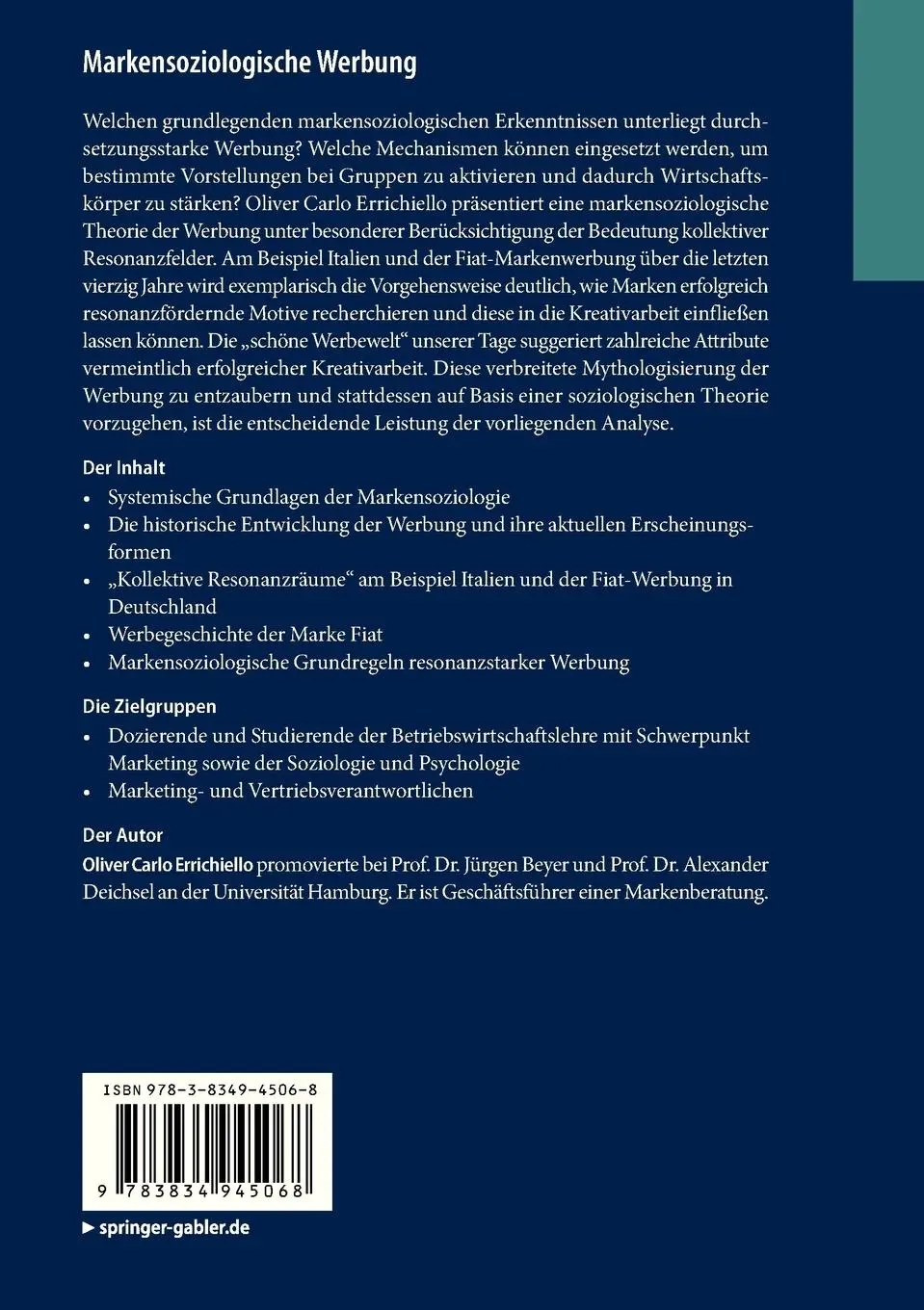 Rückseite: 9783834945068 | Markensoziologische Werbung | Oliver Carlo Errichiello | Taschenbuch