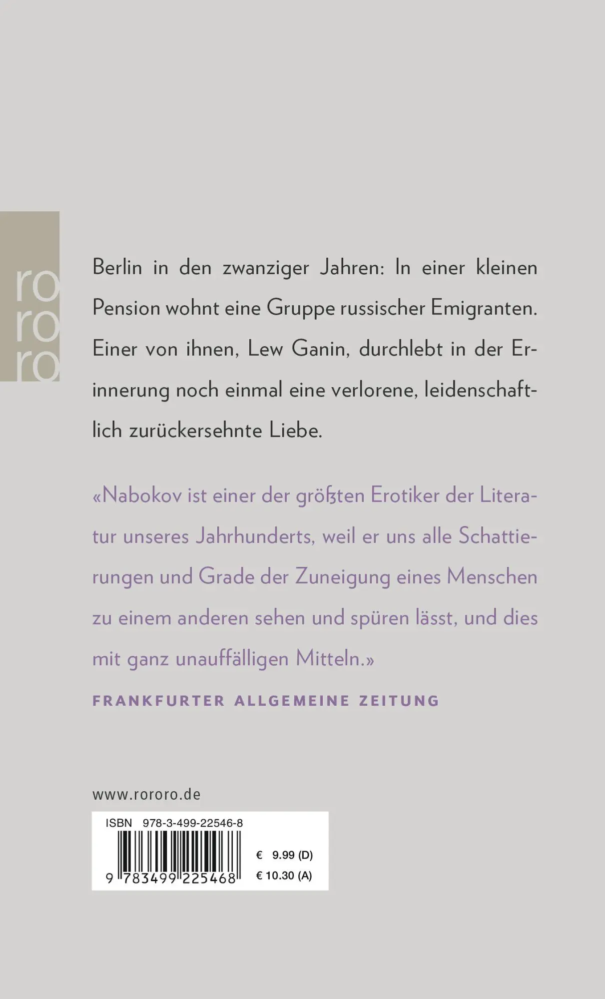 Rückseite: 9783499225468 | Maschenka | Vladimir Nabokov | Taschenbuch | 189 S. | Deutsch | 1999