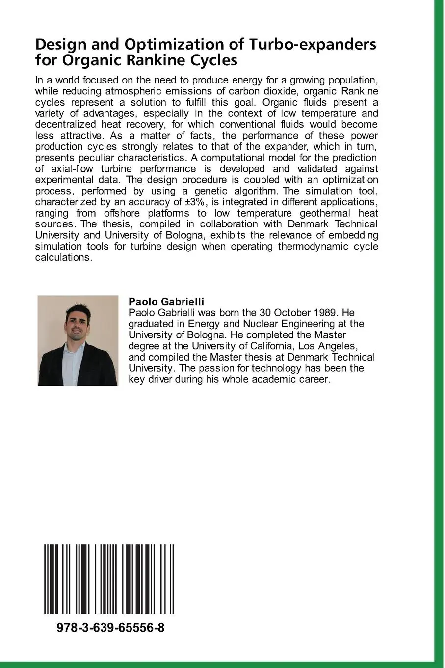 Rückseite: 9783639655568 | Design and Optimization of Turbo-expanders for Organic Rankine Cycles