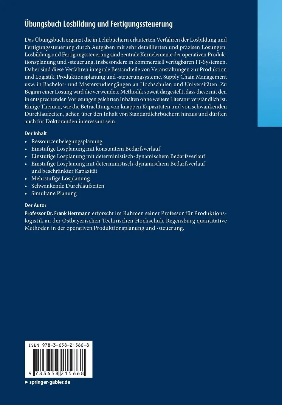 Rückseite: 9783658215668 | Übungsbuch Losbildung und Fertigungssteuerung | Frank Herrmann | Buch
