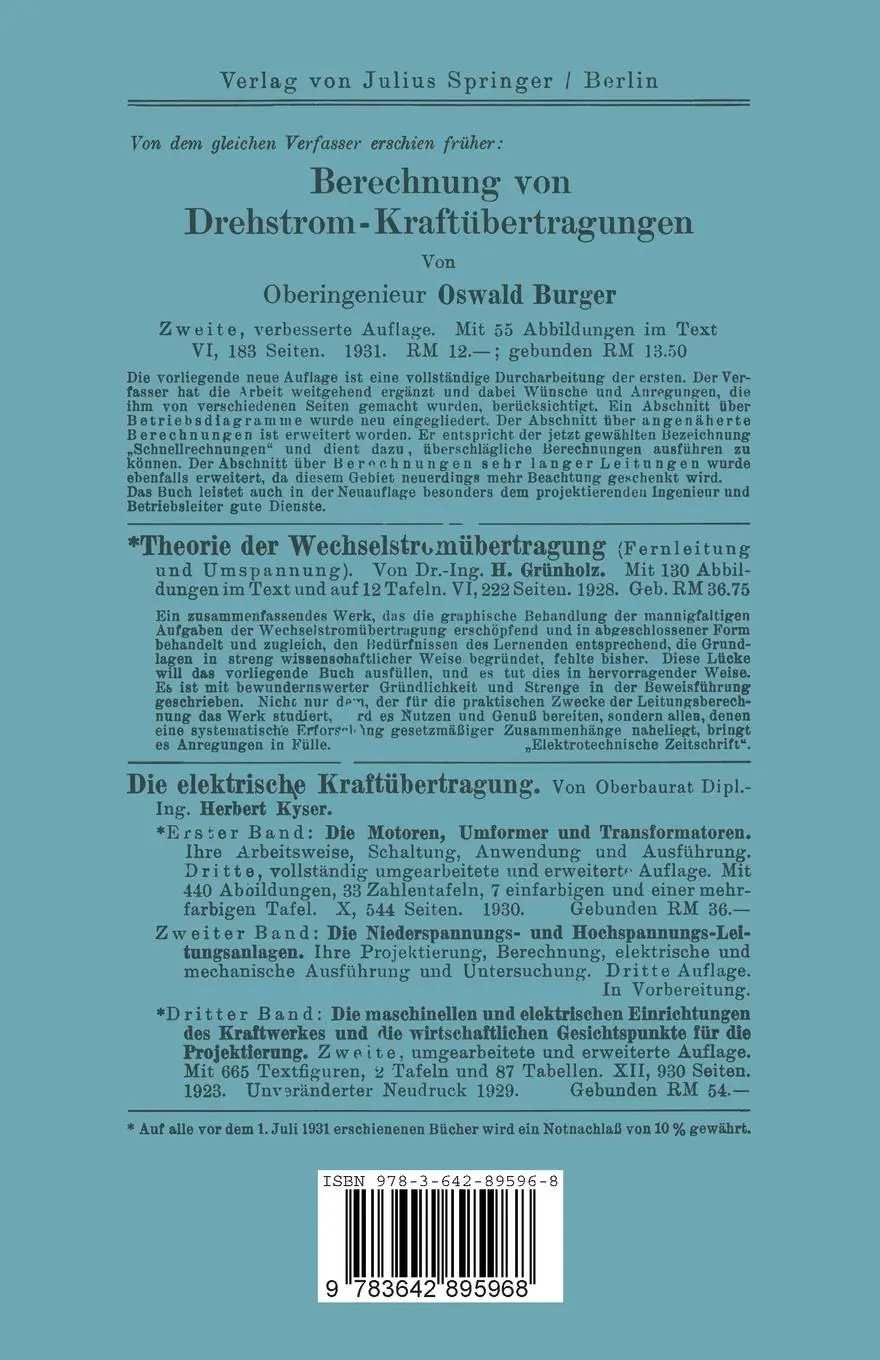 Rückseite: 9783642895968 | Berechnung von Gleichstrom-Kraftübertragungen | Oswald Burger | Buch