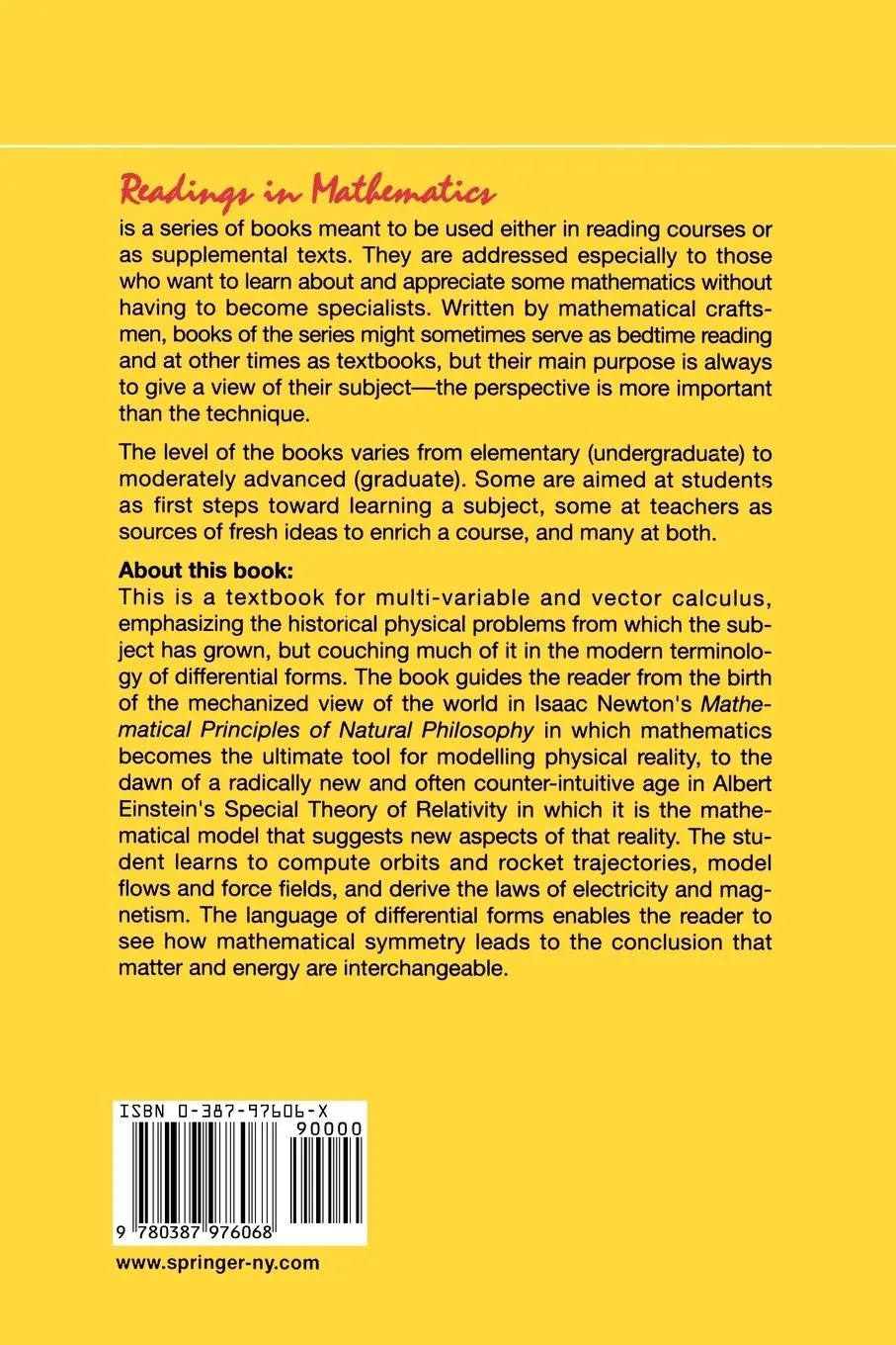 Rückseite: 9780387976068 | Second Year Calculus | From Celestial Mechanics to Special Relativity Rückseite: 9780387976068 | Second Year Calculus | From Celestial Mechanics to Special Relativity