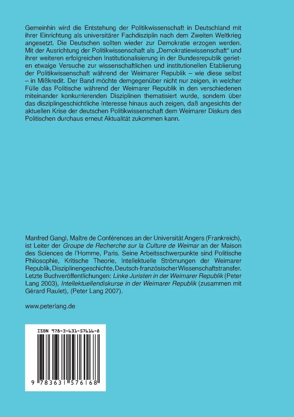 Rückseite: 9783631576168 | Das Politische | Manfred Gangl | Taschenbuch | Kartoniert / Broschiert