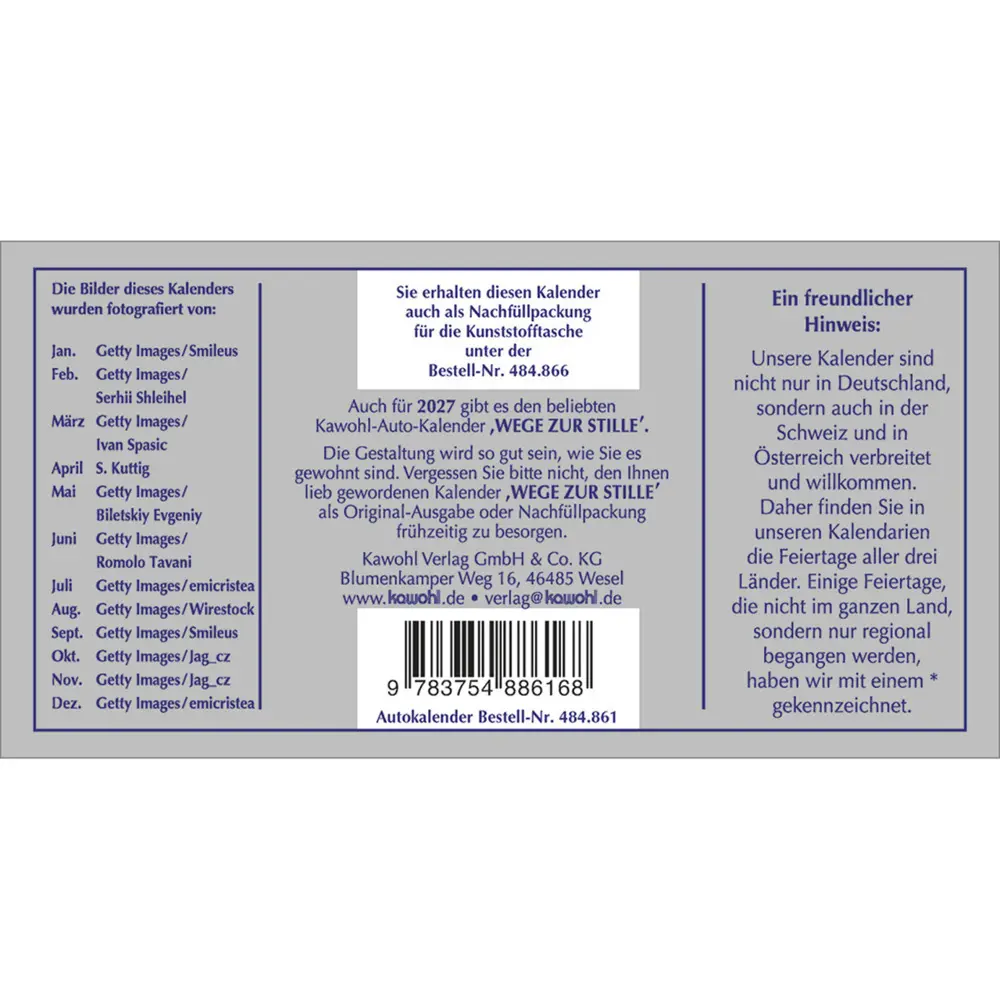 Bild: 9783754886168 | Wege zur Stille 2026 | Autokalender mit Psalmworten und Farbfotos
