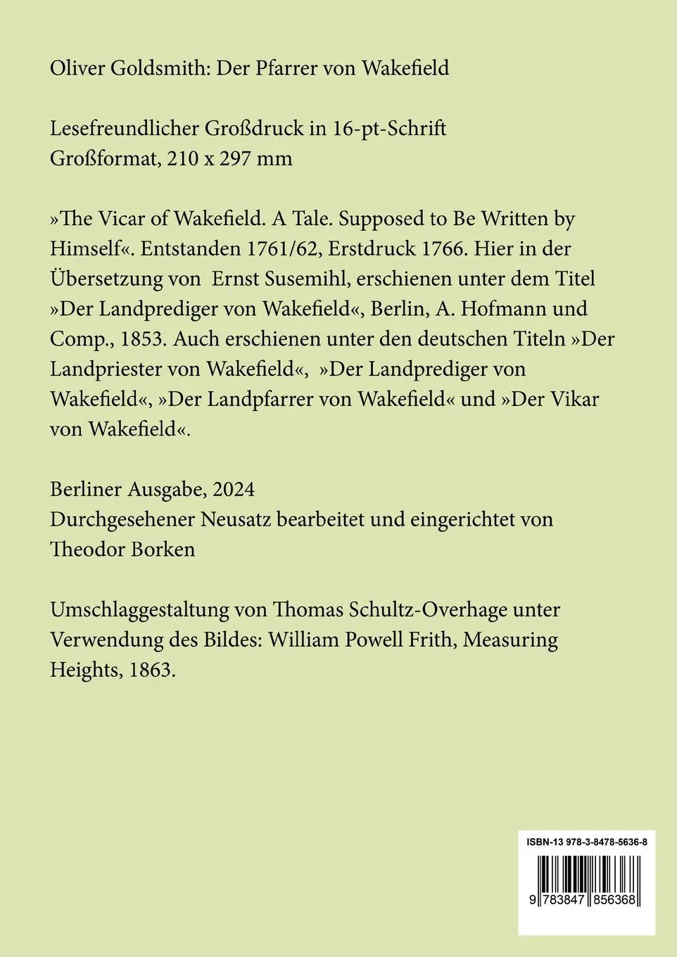 Rückseite: 9783847856368 | Der Pfarrer von Wakefield (Großdruck) | Oliver Goldsmith | Taschenbuch