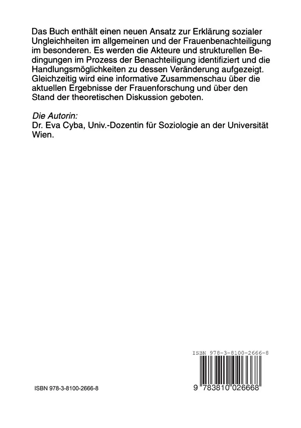 Rückseite: 9783810026668 | Geschlecht und soziale Ungleichheit | Eva Cyba | Taschenbuch | 298 S.