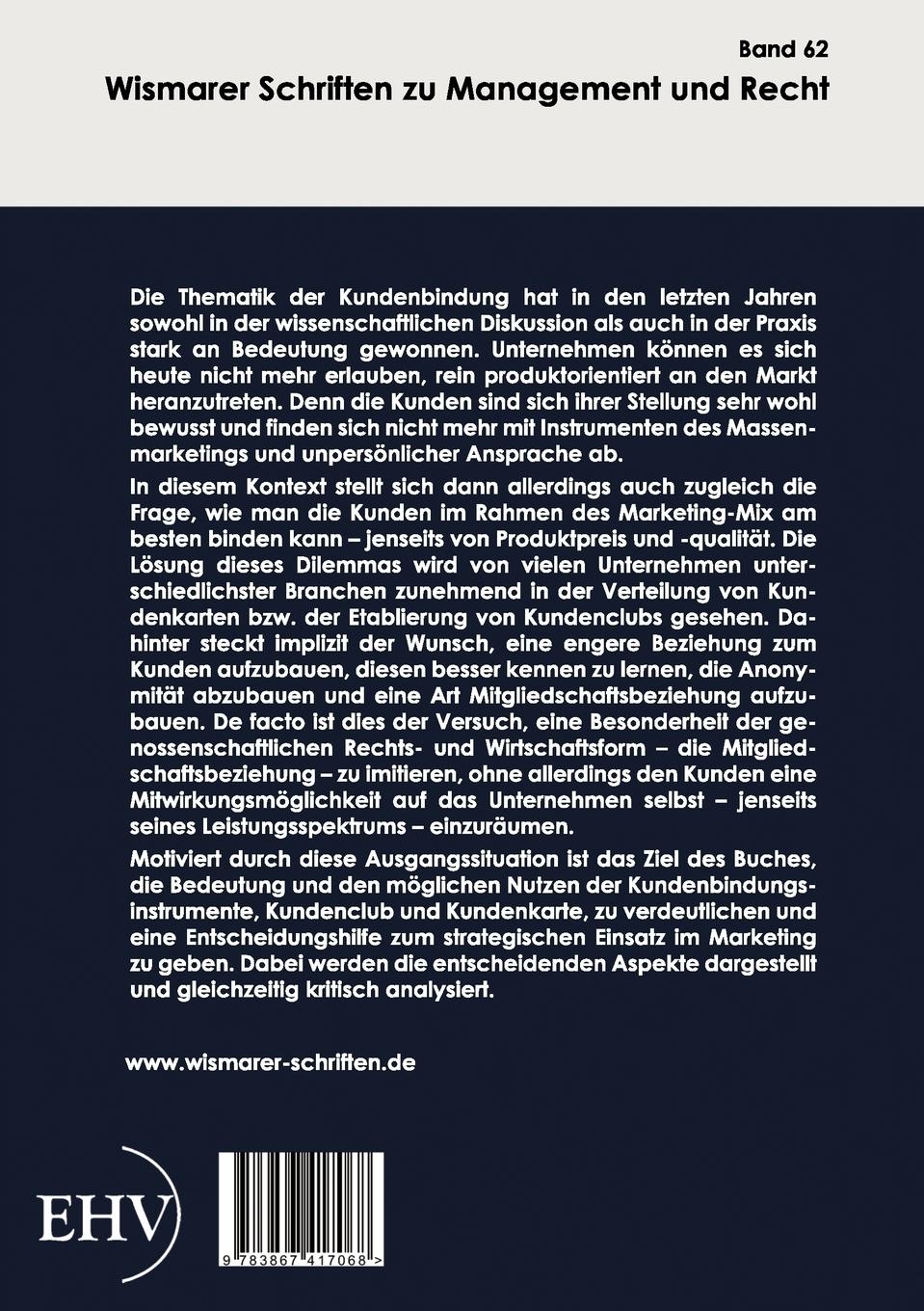 Rückseite: 9783867417068 | Die Bedeutung des Kundenclubs und der Kundenkarte als...