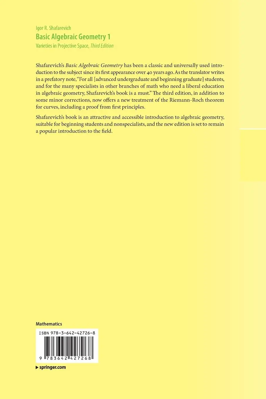 Rückseite: 9783642427268 | Basic Algebraic Geometry 1 | Varieties in Projective Space | Buch